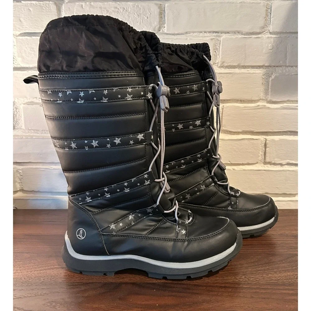 Lands End Youth Stars‎ Black Winter Snow Boots Size 5M Insulated Waterproof